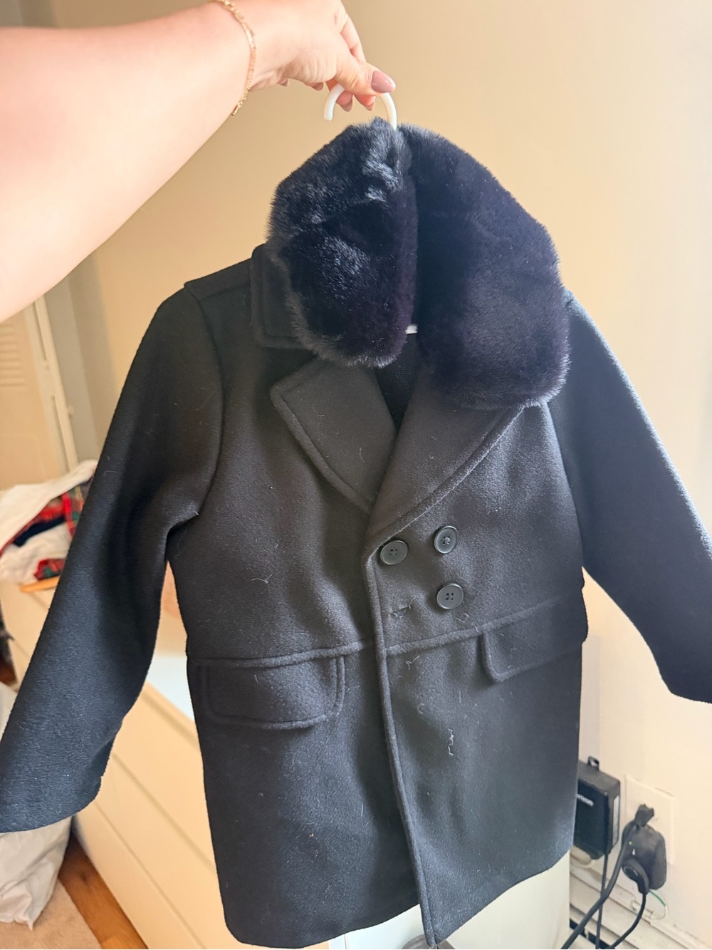 SHEIN Black Kids' Double-Breasted Pea Coat with Faux Fur Collar
